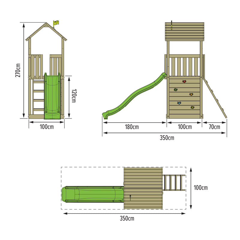 Tour de jeux Skywood 2,70m, plateforme 1,20m, bac à sable, mur d'escalade, glissière ripple 2,20m