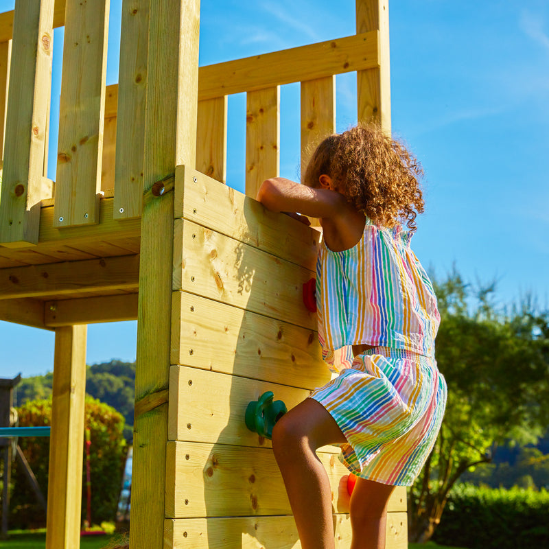 Aire de jeux Sarriette Skywood double plateformes avec balançoire, toboggan et bac à sable