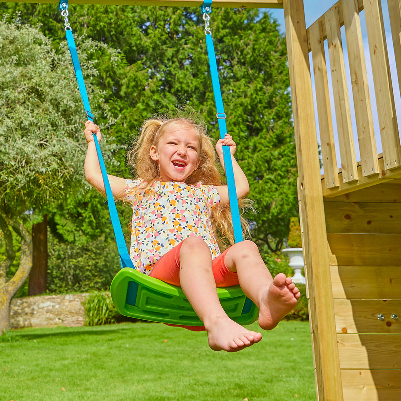 Aire de jeux Sarriette Skywood double plateformes avec balançoire, toboggan et bac à sable