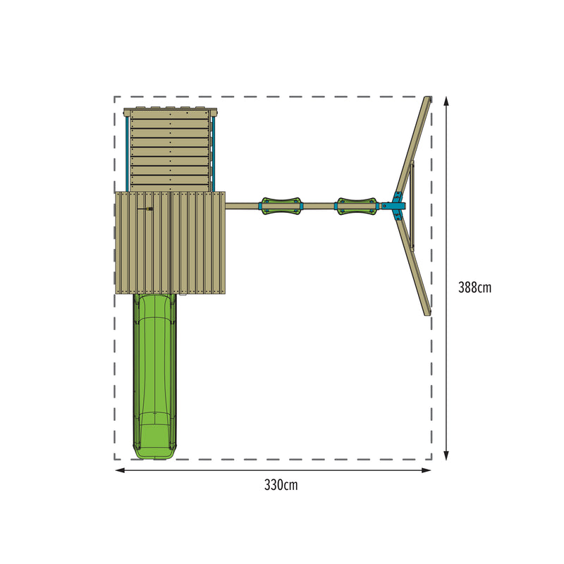 Aire de jeux Sarriette Skywood double plateformes avec balançoire, toboggan et bac à sable