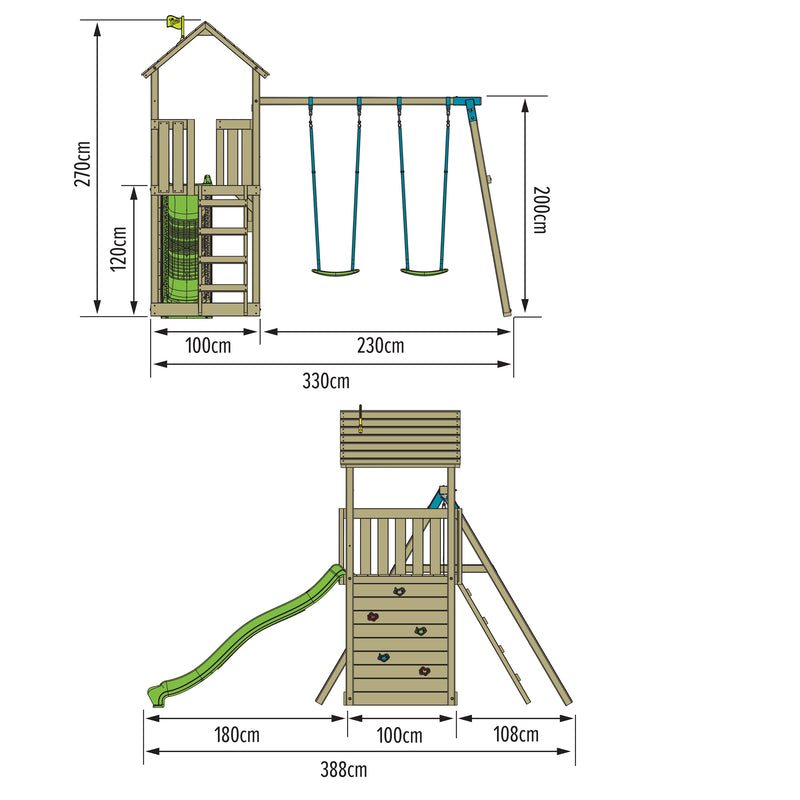 Aire de jeux Olivète Skywood plateforme avec toboggan et bac à sable