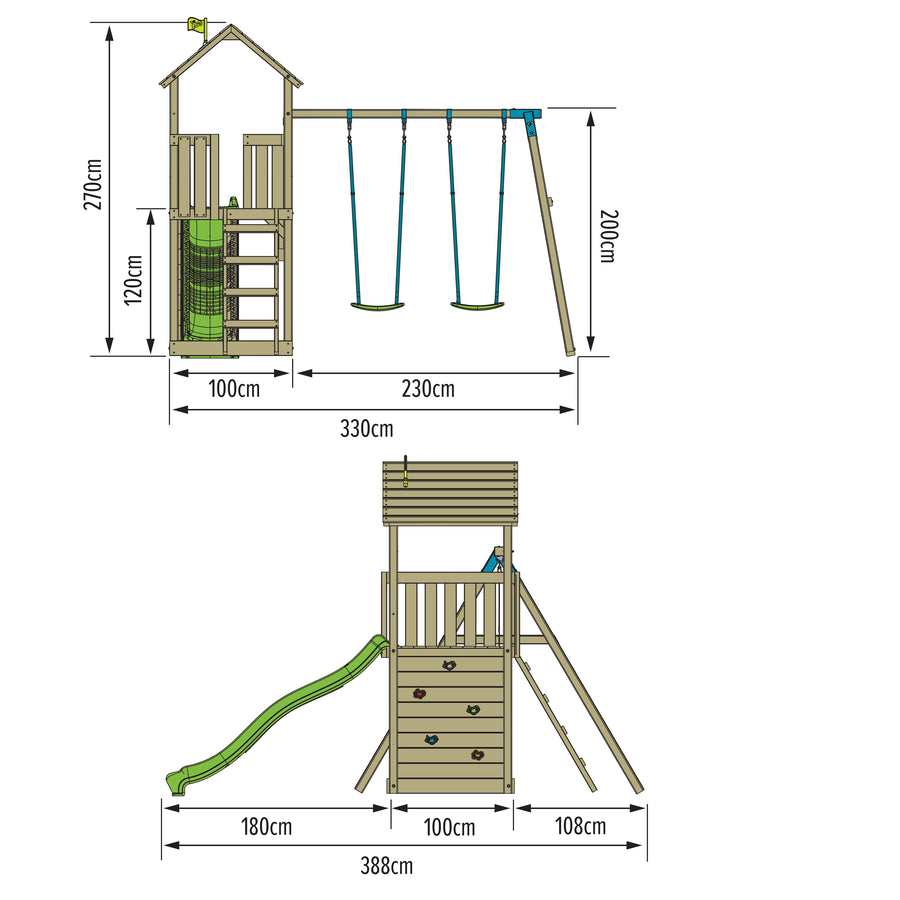 Aire de jeux Olivète Skywood plateforme avec toboggan et bac a sable