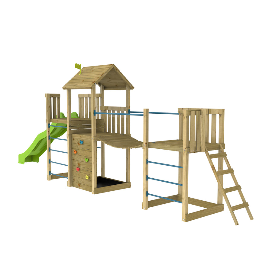 Aire de jeux Citronnier Skywood triple plateformes avec pont suspendu et toboggan