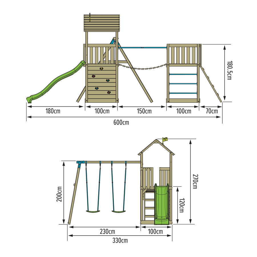 Aire de jeux Bruyère Skywood double plateformes avec pont suspendu, balançoire et toboggan