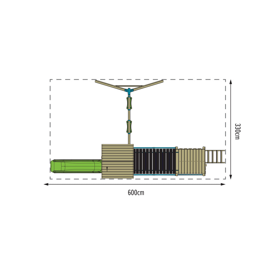 Aire de jeux Bruyère Skywood double plateformes avec pont suspendu, balançoire et toboggan