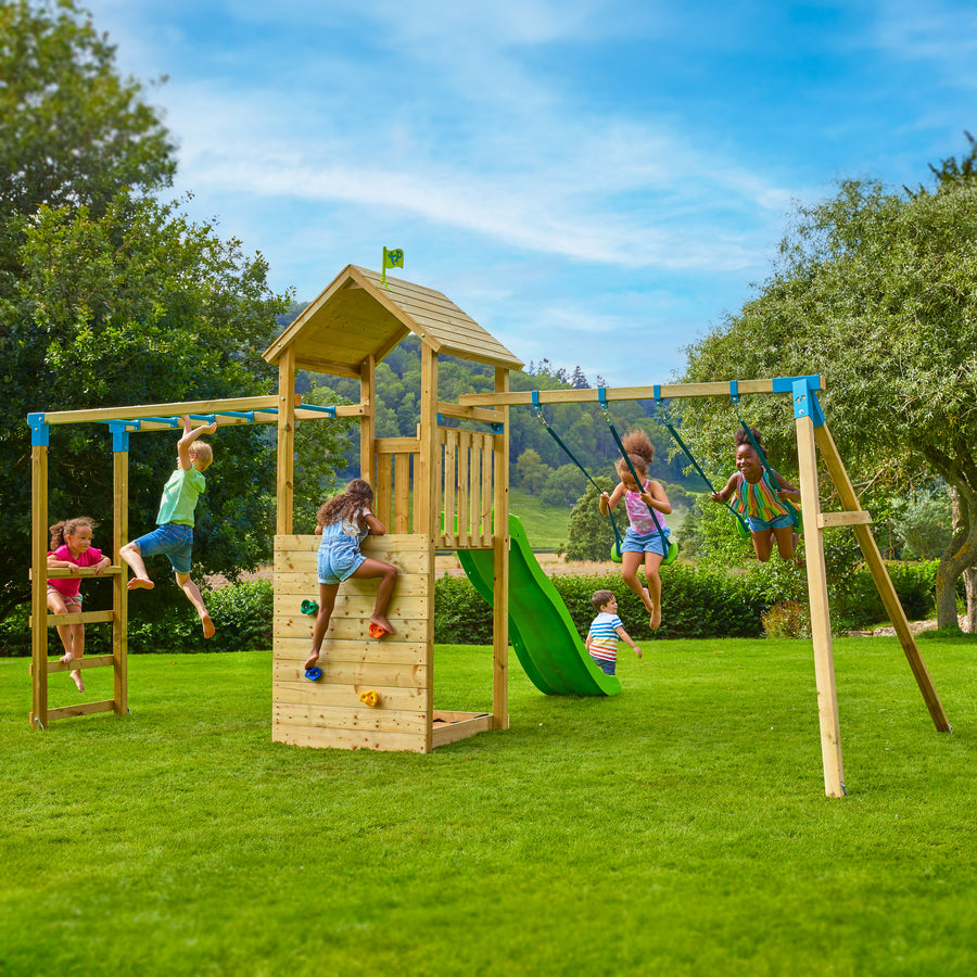 Aire de jeux Tamarin Skywood avec pont de singe, balancoire et toboggan