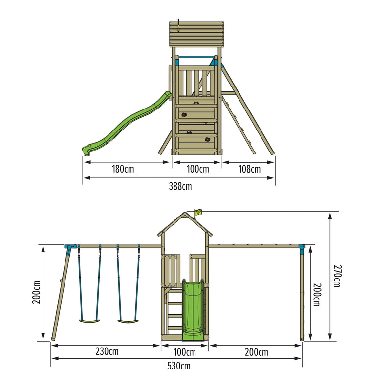 Aire de jeux Tamarin Skywood avec pont de singe, balançoire et toboggan