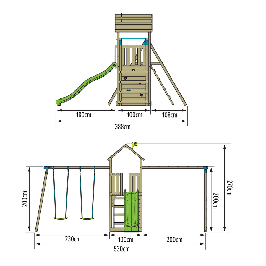 Aire de jeux Tamarin Skywood avec pont de singe, balancoire et toboggan