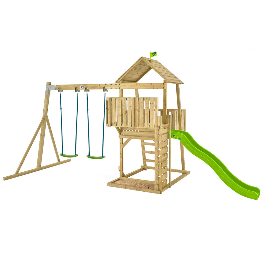 Aire de jeux bois kingswood tp toys tour / echelle / plateforme / balcon / bac a sable / toboggan / 2 balancoires h.306 cm