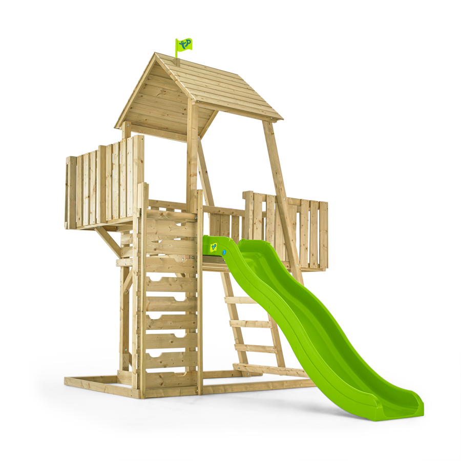 Aire de jeux bois kingswood tp toys tour / echelle / plateforme / balcon / bac a sable / kit d'ancrage / toboggan h.306 cm